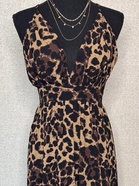 NWT Francesca’s Leopard Print Maxi Dress XS Open Back Flowy Boho Animal Print